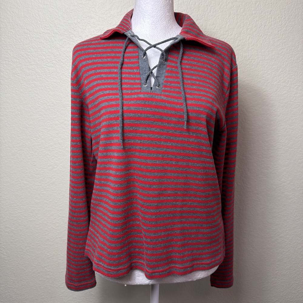 Jason Maxwell S Womens Red Grey Striped Lace Up V Neck Long Sleeve Pullover